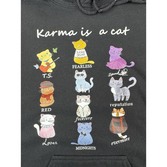 Swifty Karma Is a Cat Hoodie Gildan Unisex Small Black Eras Cats Sweatshirt - Picture 2 of 9
